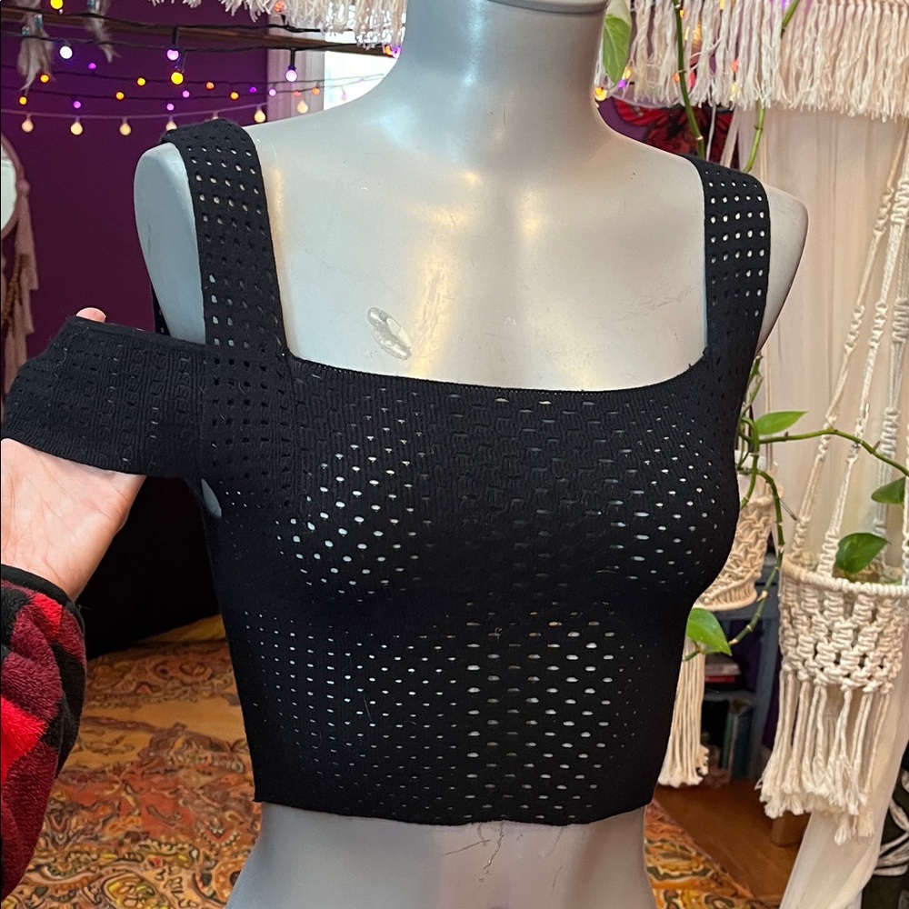 2010s vintage goth grunge black cut out holes off the shoulder crop top